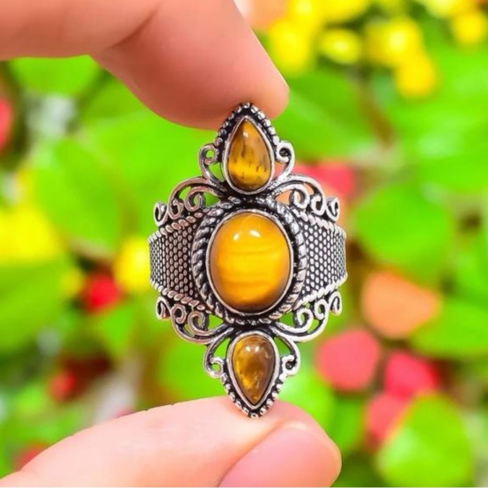 Size 12 Tigers Eye 925 Sterling Silver Overlay Ring